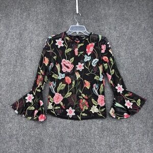 Piano C Black Sheer Floral Embroidery Top Size S Coquette Whimsical Fairycore